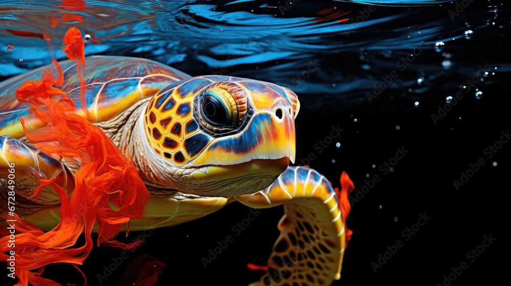 Poster a close up of a turtle swimming in a body of water with a red substance on it's back. generative ai