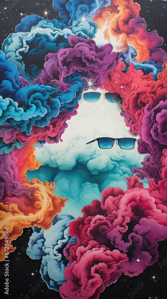 Aufkleber a painting of clouds with a man's face in the middle of the clouds and stars in the sky. generative 