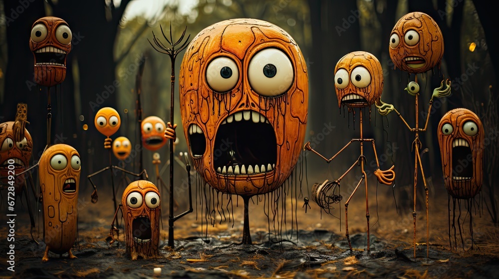 Aufkleber a group of pumpkins with faces in the middle of a forest with trees in the background and one of the