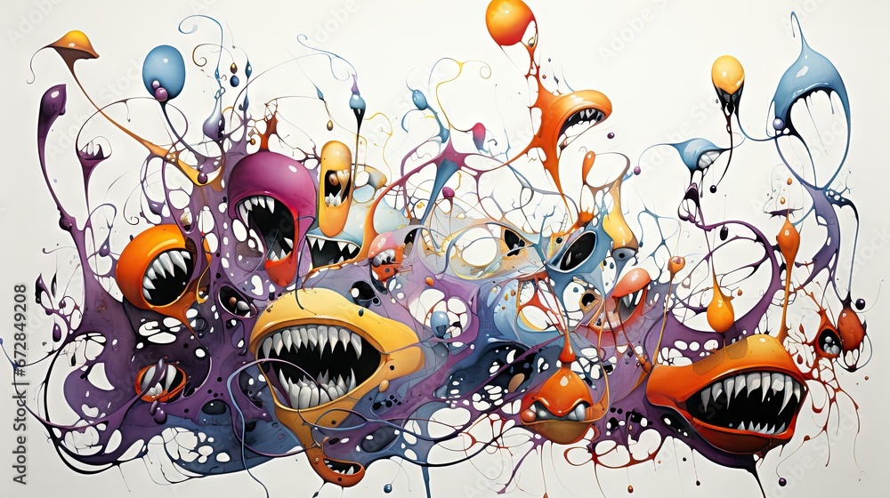 Poster a painting of a bunch of different colored objects on a white background with a black and orange des