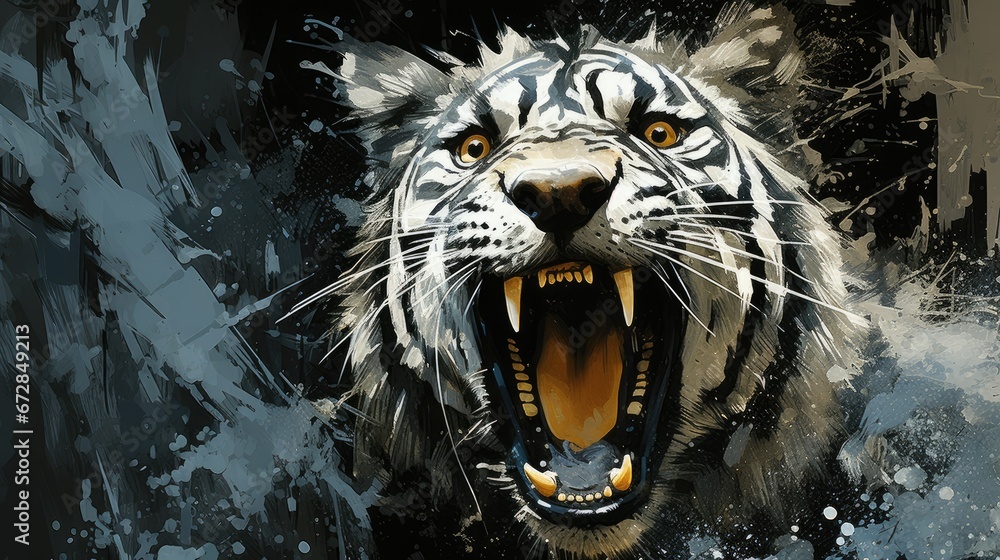 Poster a close up of a tiger's face with it's mouth open and it's mouth wide open. generative ai