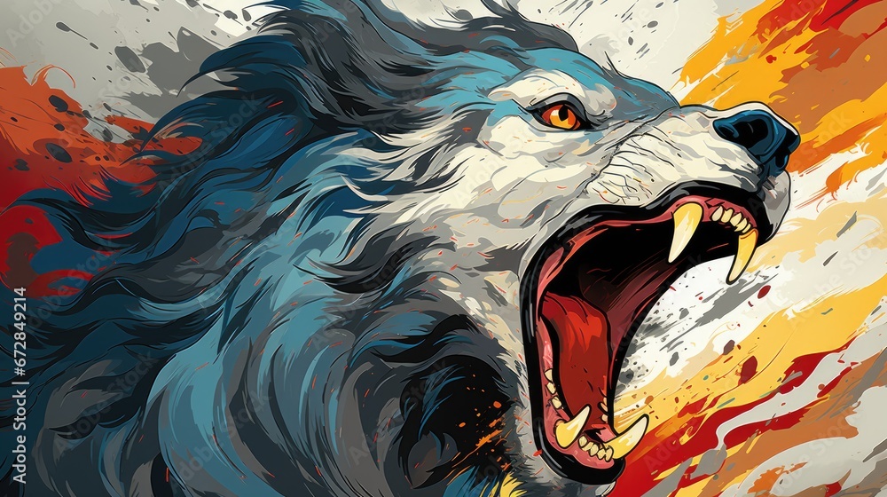 Poster a picture of a wolf with its mouth open and it's mouth wide open with its mouth wide open. generativ
