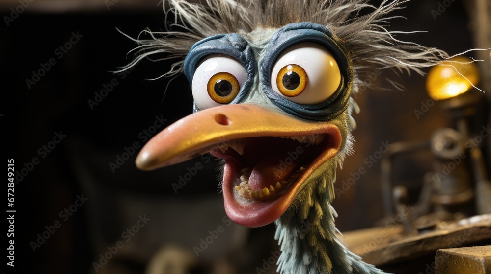 Poster a close up of an ostrich's face with it's mouth open and eyes wide open. generative ai