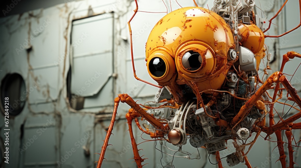 Poster a close up of a robot with eyes and a body with wires attached to it and a door in the background. g