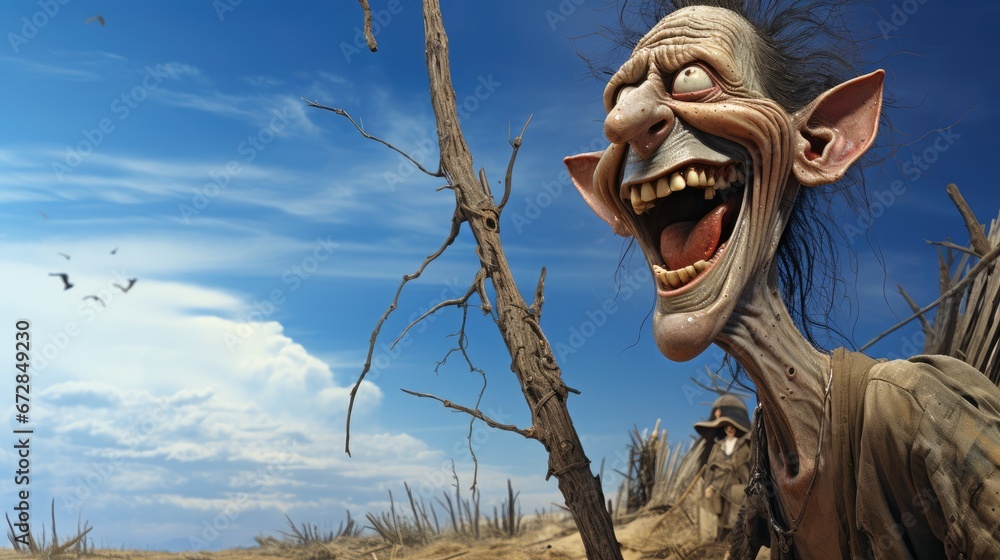 Poster a creepy looking creature with its mouth open and a bird flying in the sky above it and a dead tree 