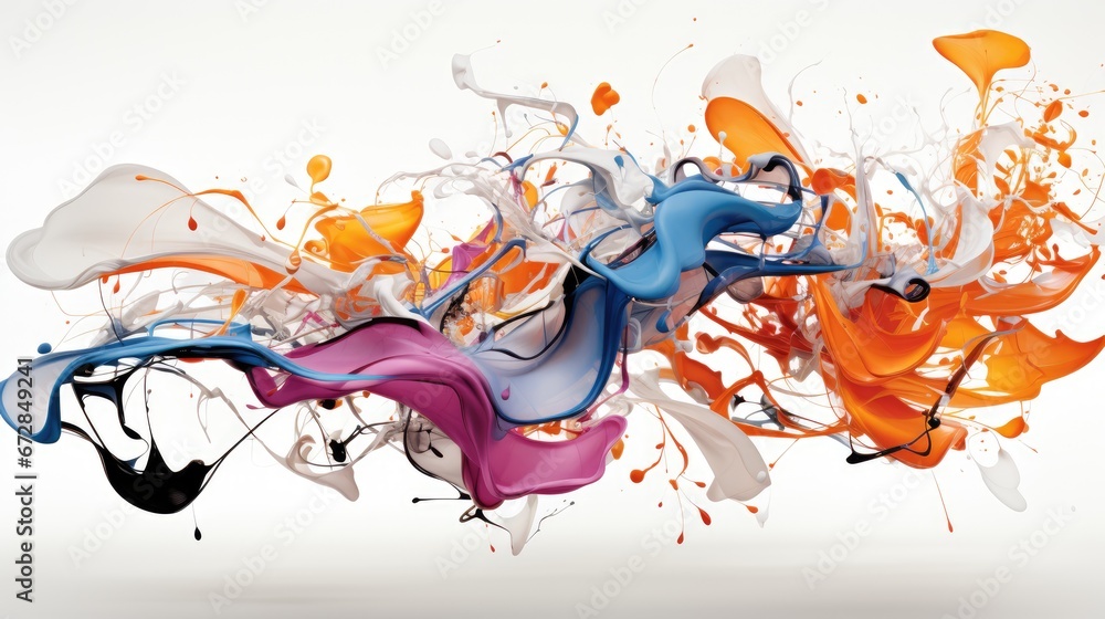 Poster a white background with orange, blue, and pink paint splattered on the bottom of the image and on th