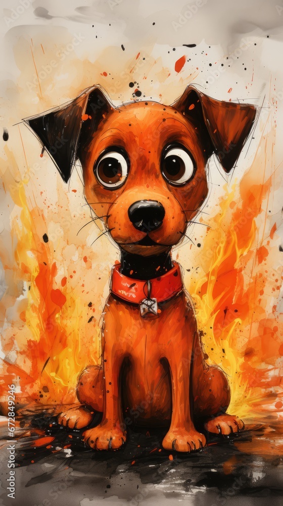 Poster a painting of a dog with a red collar sitting in front of a fire with its eyes wide open and a red c