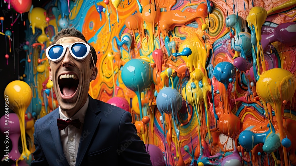 Poster a man in a tuxedo is screaming in front of a colorful wall with balloons and balloons on it. generat