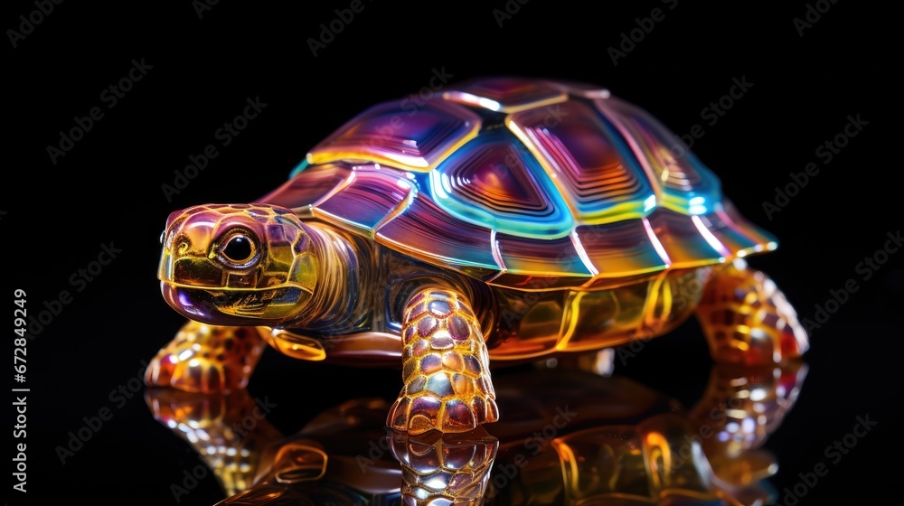Poster a close up of a glass turtle on a black surface with a reflection of the turtle on the glass surface