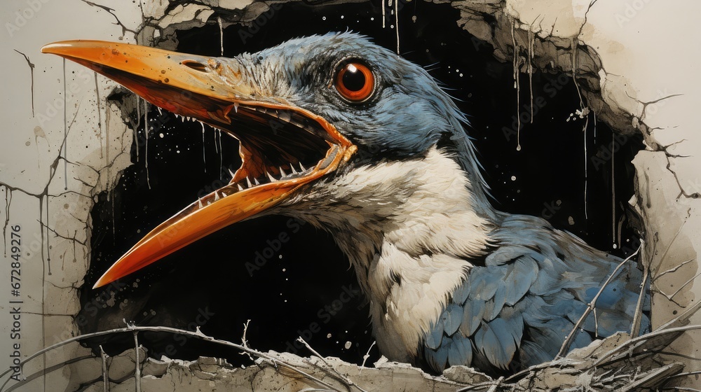 Poster a painting of a bird with it's mouth open and it's mouth wide open in a hole. generative ai