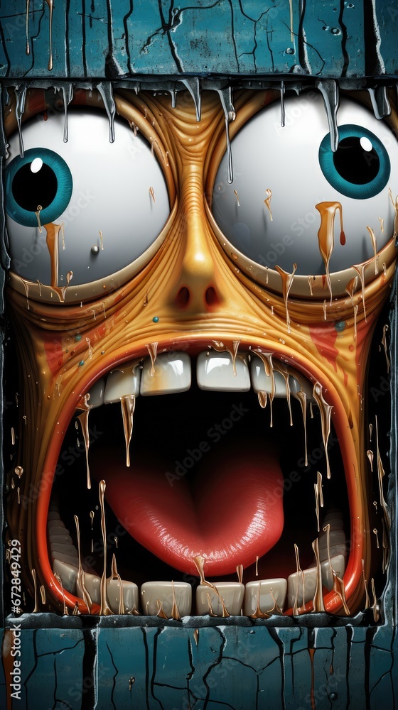 Poster a close up of a monster face with dripping paint on it's face and a hole in the middle of the face. 