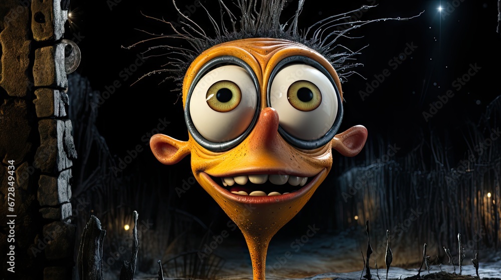 Poster a cartoon character with a big smile on his face standing in front of a building with a wall on the 