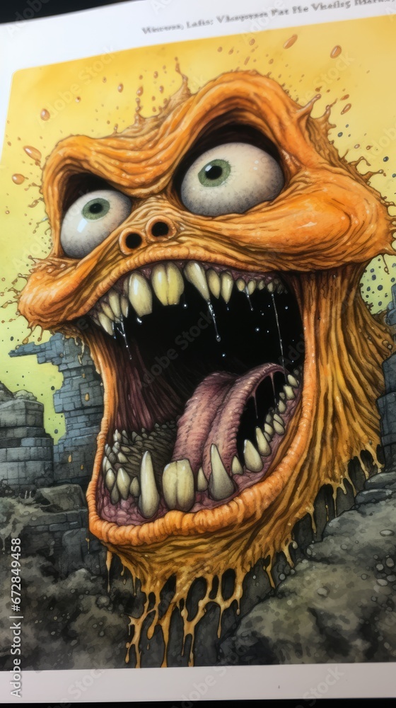 Poster a close up of a book with an image of a monster with it's mouth open and it's mouth wide open. gener