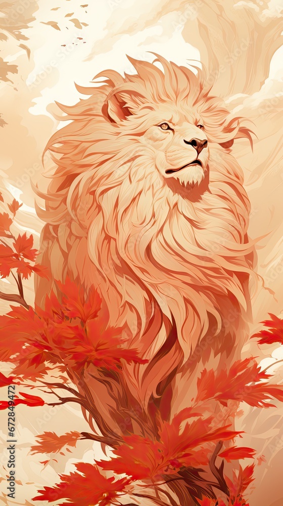 Poster a painting of a lion sitting on a tree branch with red leaves in the foreground and a cloudy sky in 