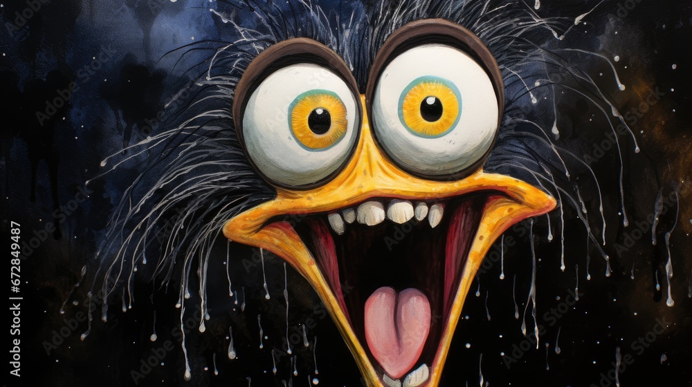 Poster a close up of a monster face with its mouth open and it's eyes wide open and it's tongue out. genera