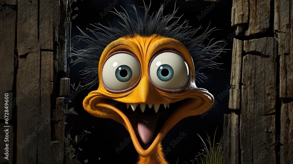 Poster a close up of a bird with its mouth open and eyes wide open with a toothy grin on it's face. generat