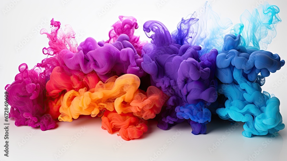 Poster a group of multicolored smokes on a white background with a reflection of the smoke coming out of th