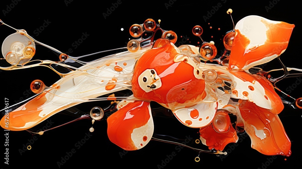 Poster a close up of an orange and white object with bubbles and bubbles on the bottom of the object and on