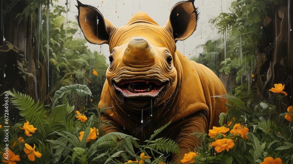 Aufkleber a painting of a rhino in the middle of a jungle with flowers and trees around it and rain falling do