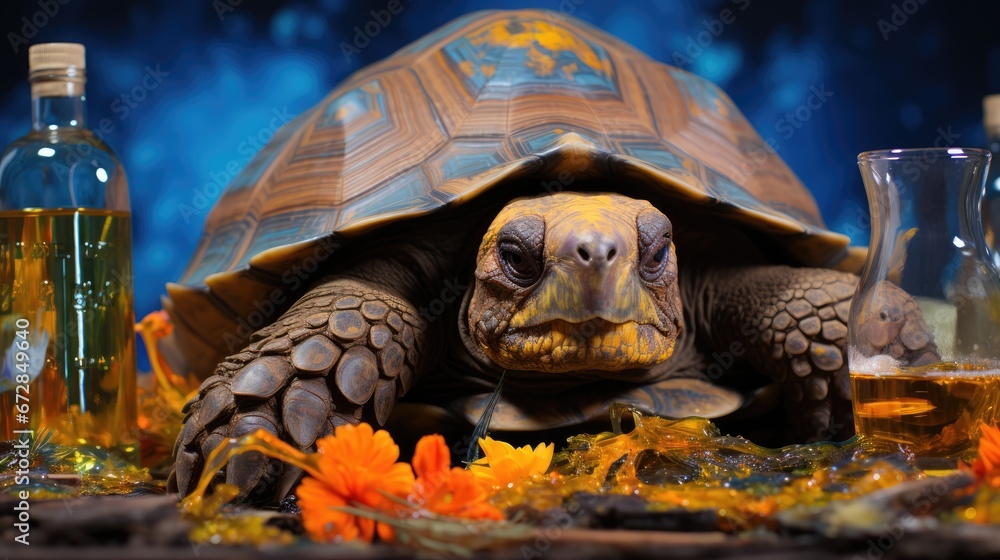 Poster a close up of a tortoise on a table next to a bottle of wine and a glass of beer. generative ai