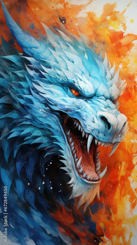 Poster a painting of a blue and orange dragon with its mouth open and it's teeth wide open and sharp sharp 