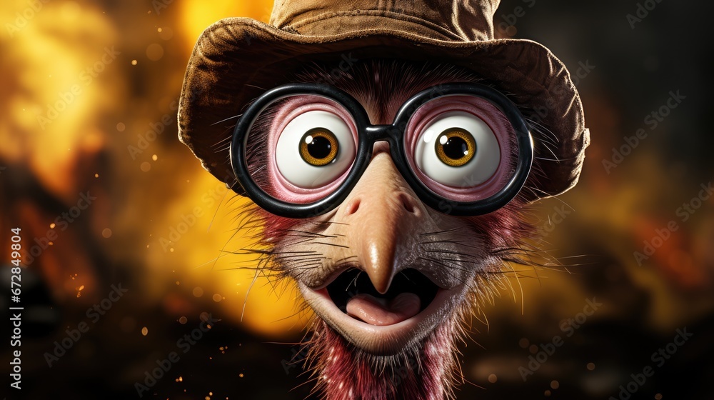 Poster a close up of a bird wearing a hat and goggles with a fire in the back ground behind it. generative 
