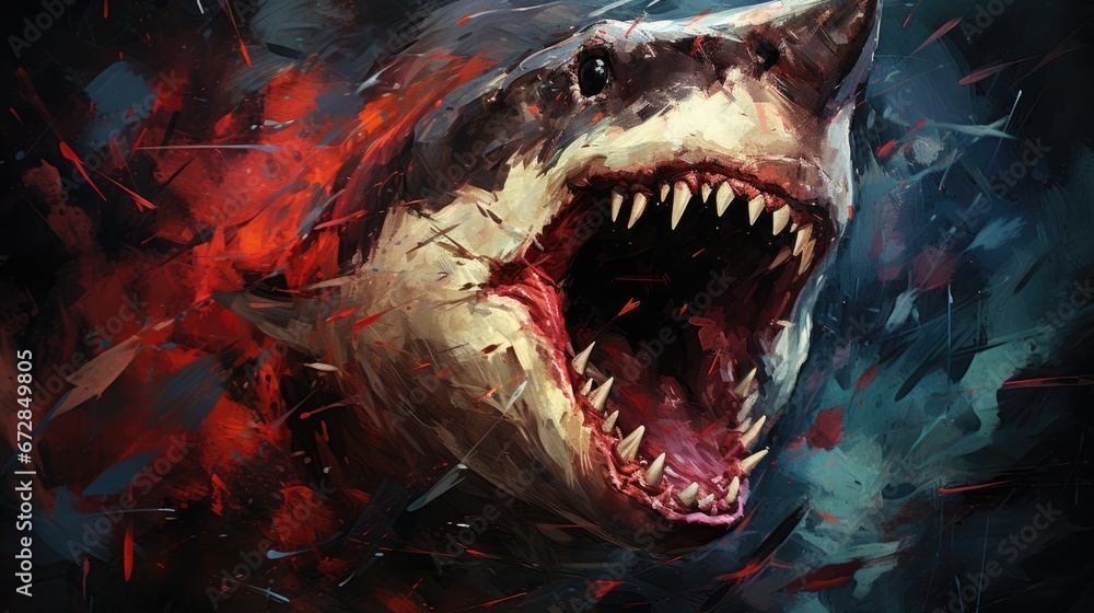 Poster a painting of a shark with it's mouth open and it's mouth wide open with sharp teeth. generative ai