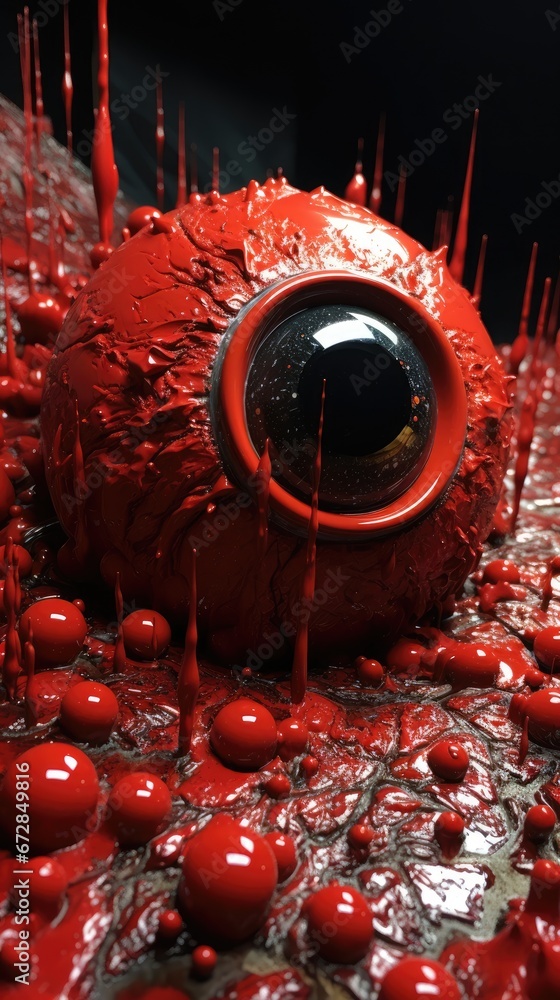Poster a close up of a red object with lots of red balls on the ground and a black object in the middle of 
