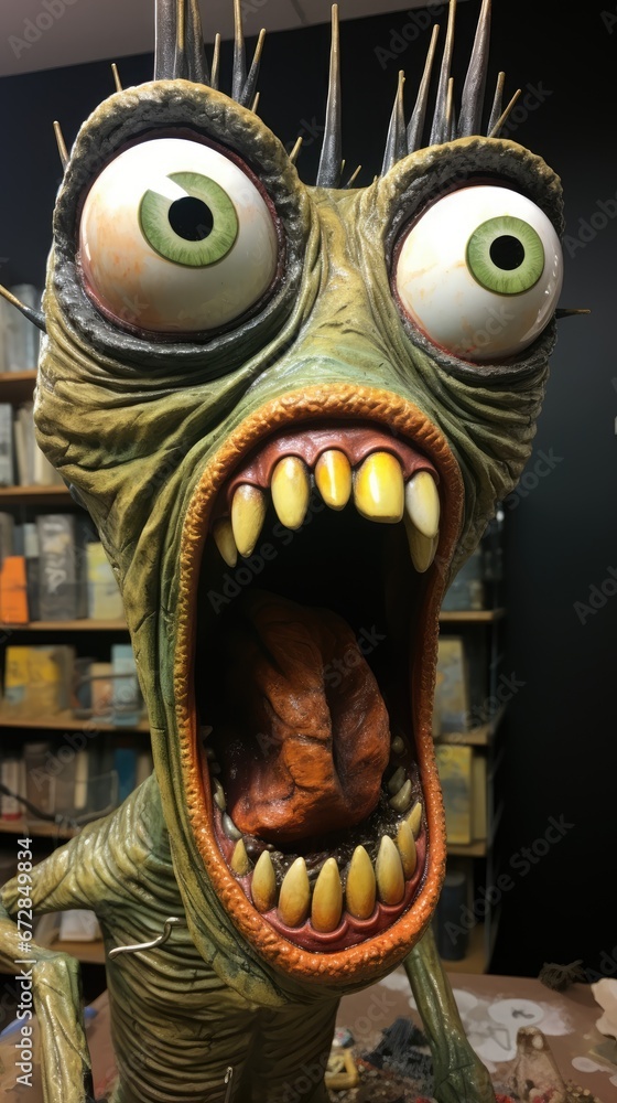 Poster a close up of a statue of a creature with spikes on it's head and eyes with spikes on it's head. gen