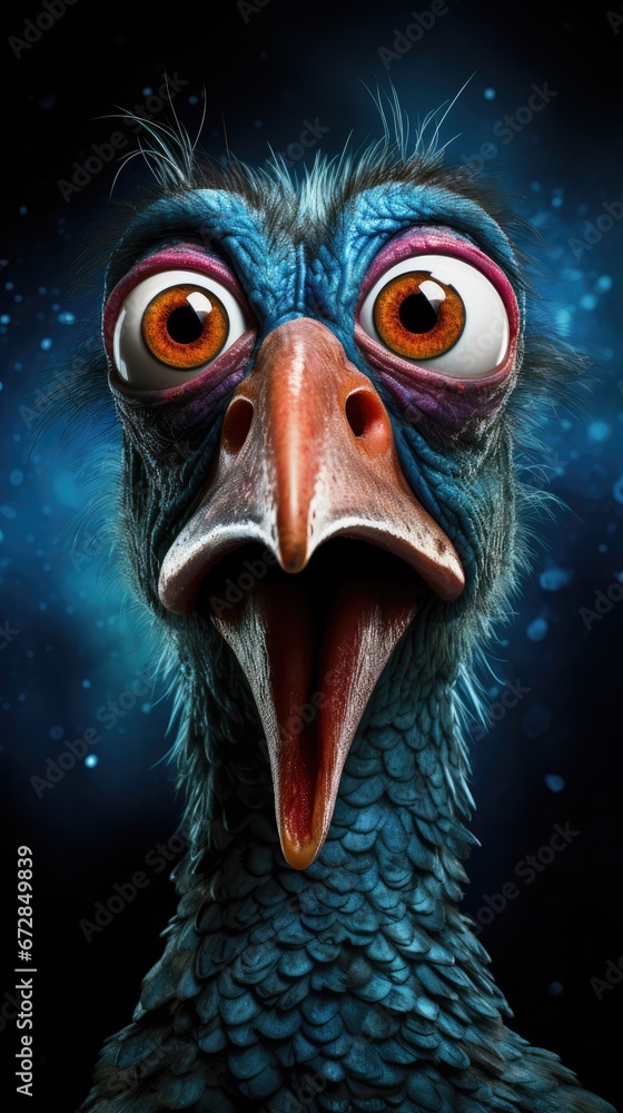 Poster a close up of an ostrich's face with its mouth open and eyes wide open with stars in the background.