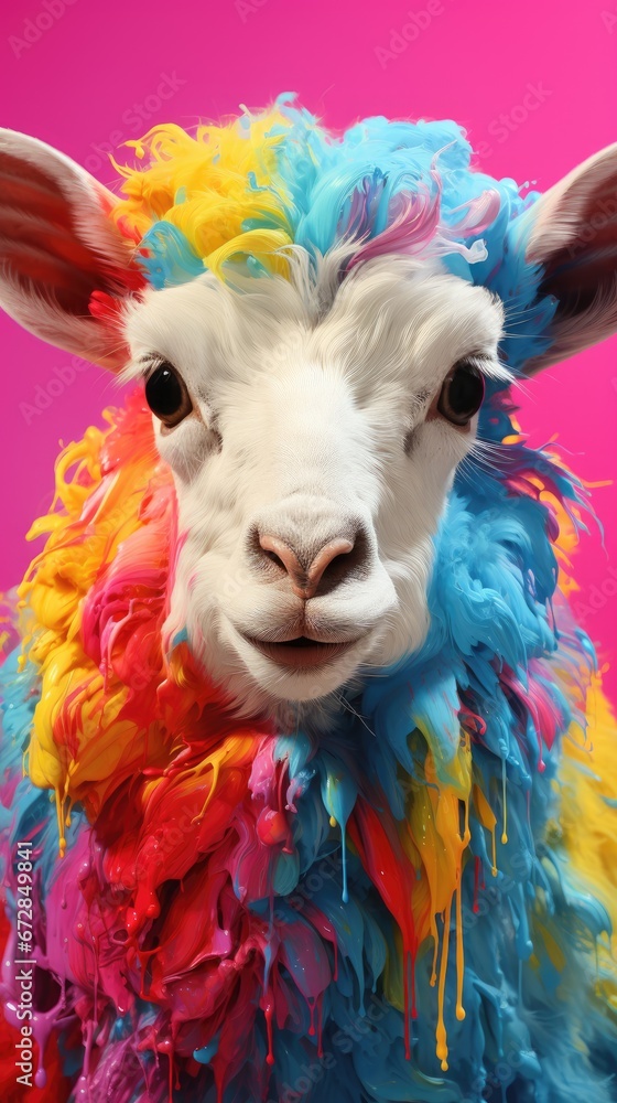 Poster a close up of a sheep with multicolored feathers on it's face and a bright pink background. generati