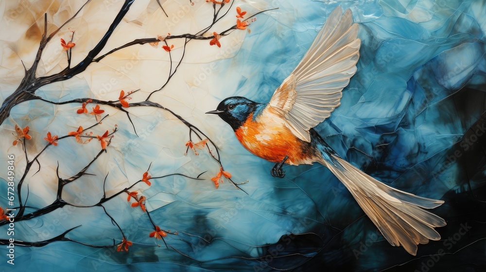 Aufkleber a painting of a bird sitting on a tree branch with red berries on it's branches and a blue sky in th