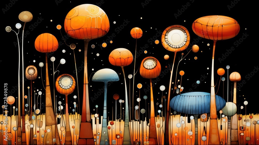 Poster a painting of a field of mushrooms with a clock in the middle of the field in the middle of the nigh