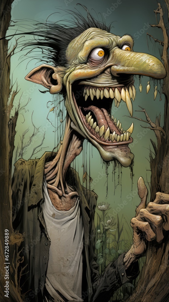 Aufkleber a painting of a creepy looking creature with its mouth open and hands in front of it, with trees and