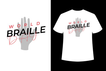 World Braille Day. Slogan World braille day, blind. World Braille Day with Hand fingering letters. t shirt  logo for the annual celebration of World Braille Day (January 4), T-shirt design. - obrazy, fototapety, plakaty