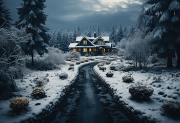 Winter landscape of houses in the mountain under snow