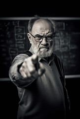 angry veteran teacher pointing to the front with his hand
