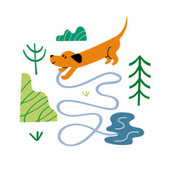 Vector illustration with a traveling dachshund. Isolated illustration by a dog.