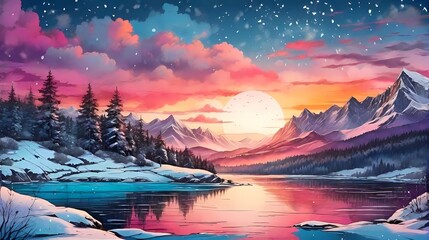 winter forest wallpaper, wintry lake landscape, sunrise in a beautiful frozen woodland, snowy forest landscape - obrazy, fototapety, plakaty