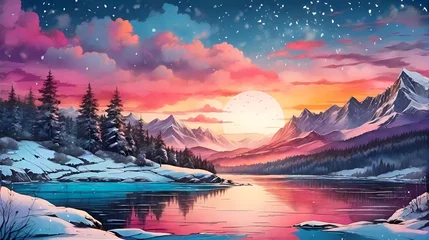  winter forest wallpaper, wintry lake landscape, sunrise in a beautiful frozen woodland, snowy forest landscape © Eric