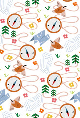 Seamless pattern with compass, map and bird. Vector tourist wallpaper.