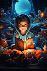 a little boy dressed in pajamas is reading a book while sitting on a bed in the middle of a magical world with friendly imaginary aliens
