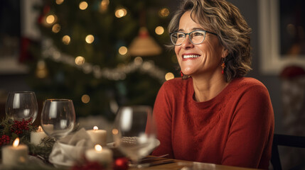 Elderly woman with a joyful smile is seated at a festive Christmas dinner table, adorned with candles and decorations, wearing a sweater and glasses. - obrazy, fototapety, plakaty