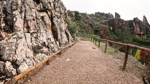 a dirt wet path at Cerro del Hierro Natural Monument at Sierra Norte natural park, province of Seville, Andalusia, Spain