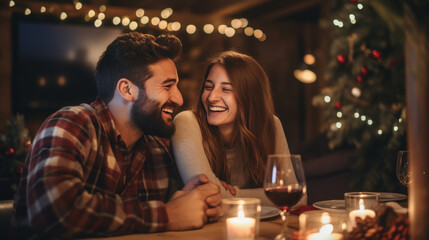 Smiling couple close together at a festive Christmas dinner setting, with lit candles and a decorated tree in the background, creating a warm and intimate atmosphere.