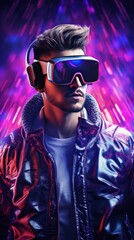 Naklejka na ściany i meble A person wearing virtual reality glasses surrounded with neon lights 