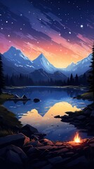 relaxing campfire scenery with mountains