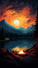 relaxing campfire scenery with mountains - obrazy, fototapety, plakaty