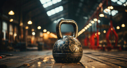 A rustic kettlebell rests on a worn wooden surface, a reminder of the strength and endurance built...