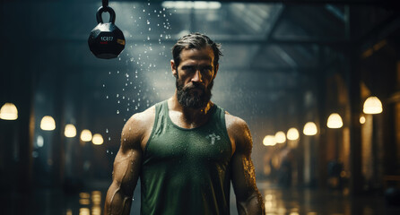 Fototapeta na wymiar A determined man stands in a well-equipped gym, his face contorted in concentration as he prepares to lift a heavy kettlebell, his athletic clothing highlighting his muscular physique against the bac